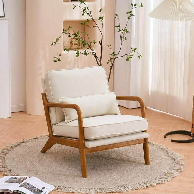 Lecut Linen Fabric Accent Chair With Arm Mid Century Modern Lounge