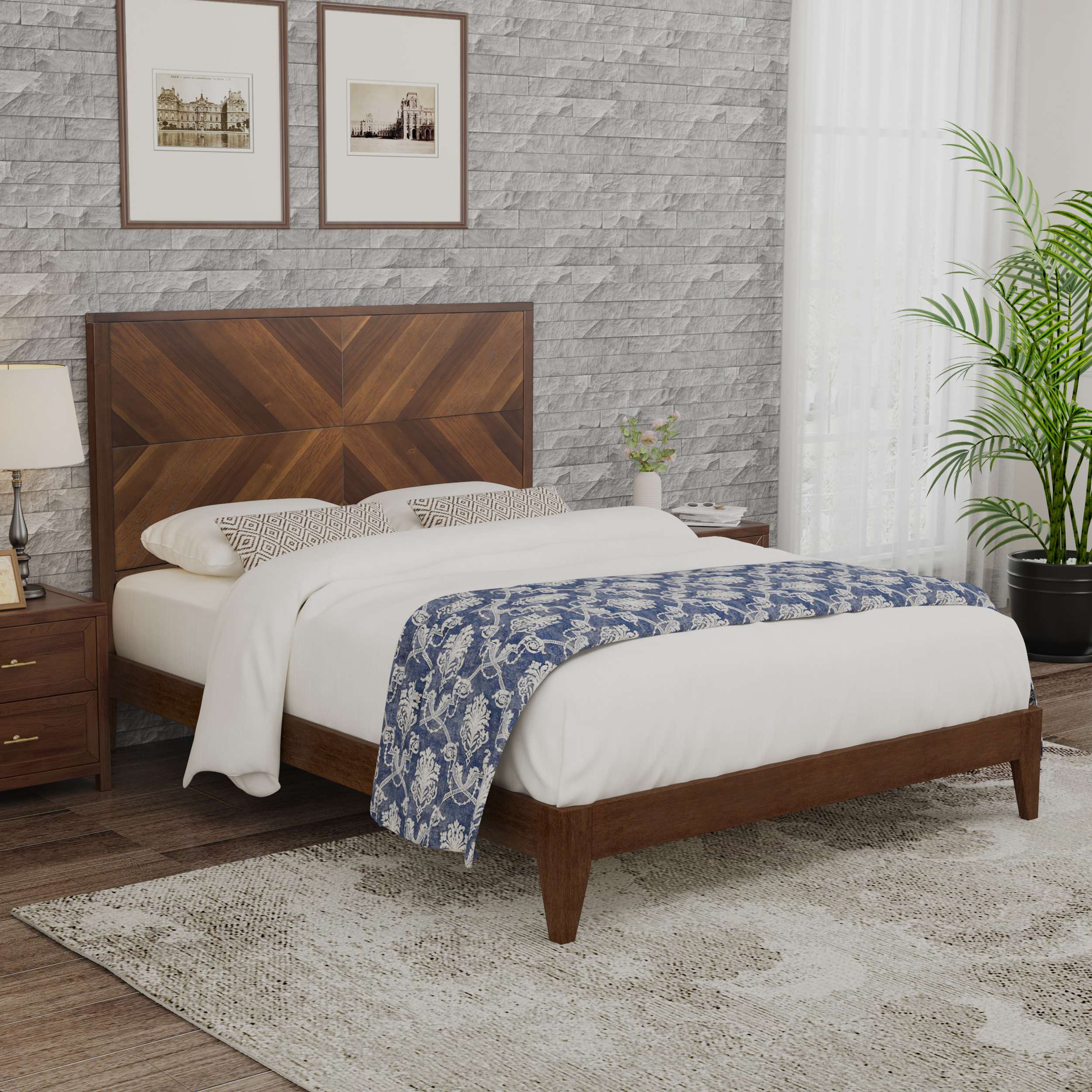 Mid Century Modern Platform Bed Frame With Headboard Solid Pine Wood Planner D