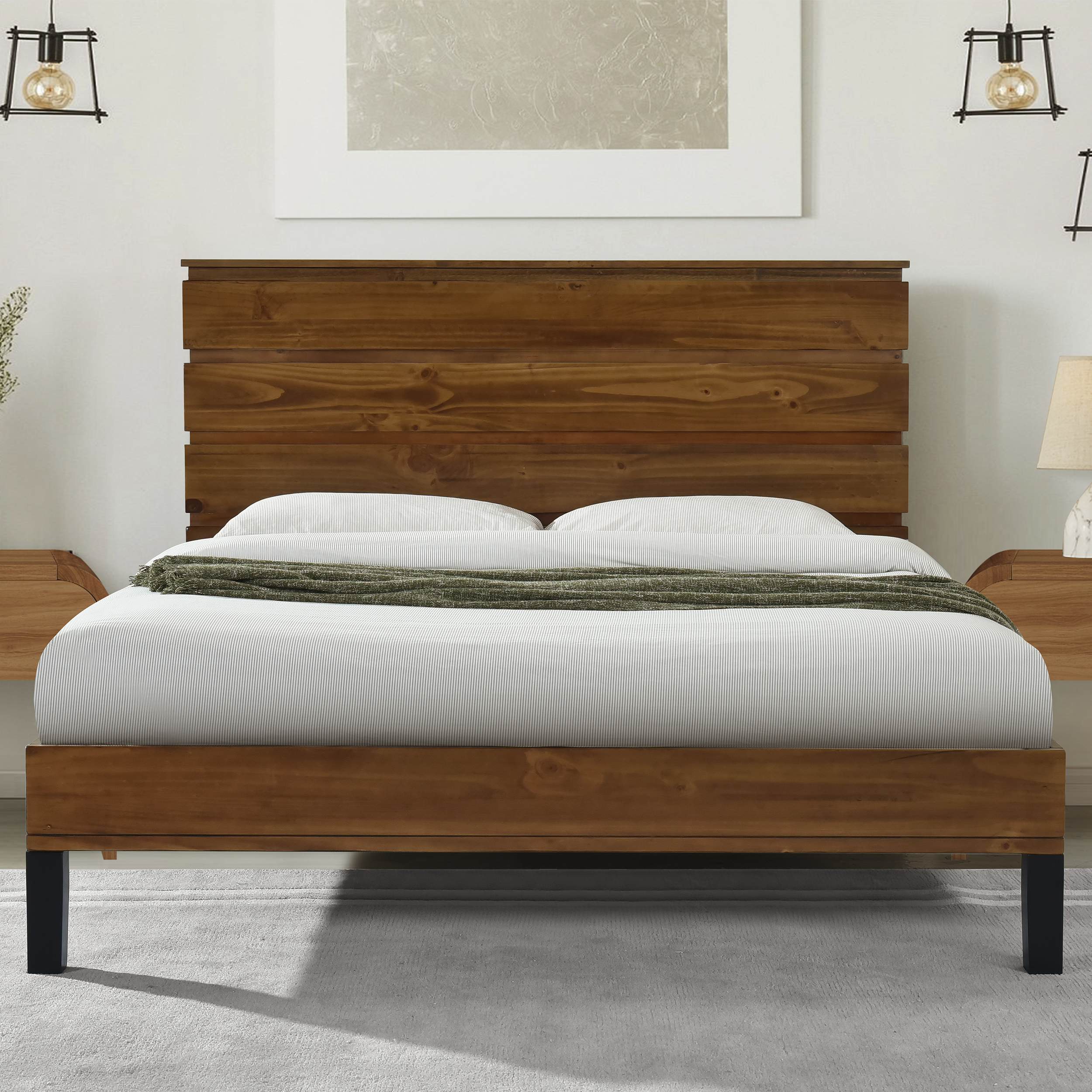 Mid Century Modern Queen Solid Wood Bed Frame With Six Piece Planner D