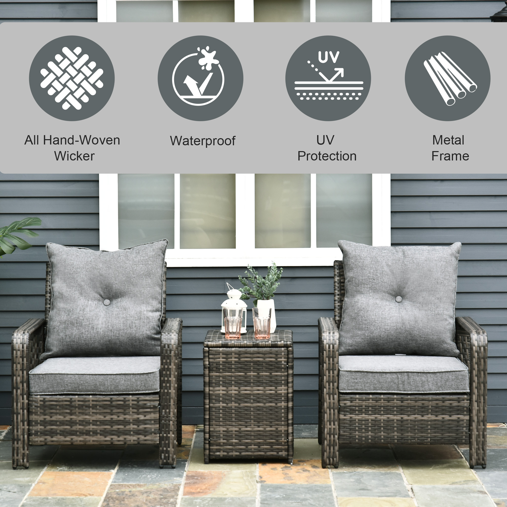 Outsunny 3-piece Outdoor Furniture Set With Grey Wicker Chairs 